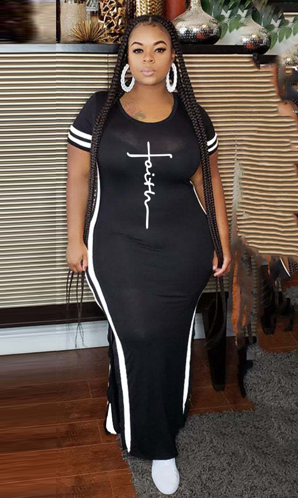 Women Fashion Casual Printed Split Short Sleeve Round Neck Plus Size Dress