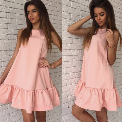 Summer Women Casual Solid Color Beach Party Ruffled Sleeveless Fashion Mini Dress