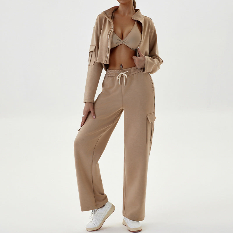 Women Fashion Casual Loose Long-Sleeve Zipper Jacket Pocket Drawstring Pants Sports Two-Piece Set