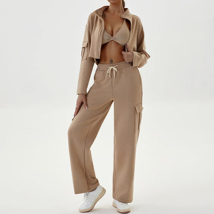 Women Fashion Casual Loose Long-Sleeve Zipper Jacket Pocket Drawstring Pants Sports Two-Piece Set