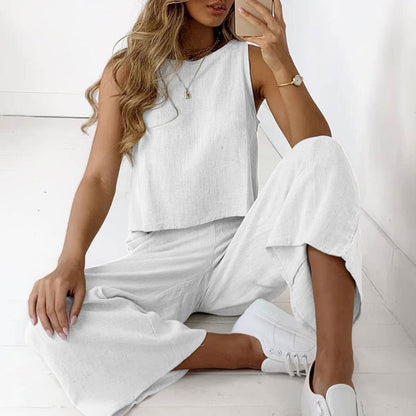 Conjunto de dos piezas de camiseta sin mangas con cuello redondo y pantalones anchos holgados de verano para mujer, color liso