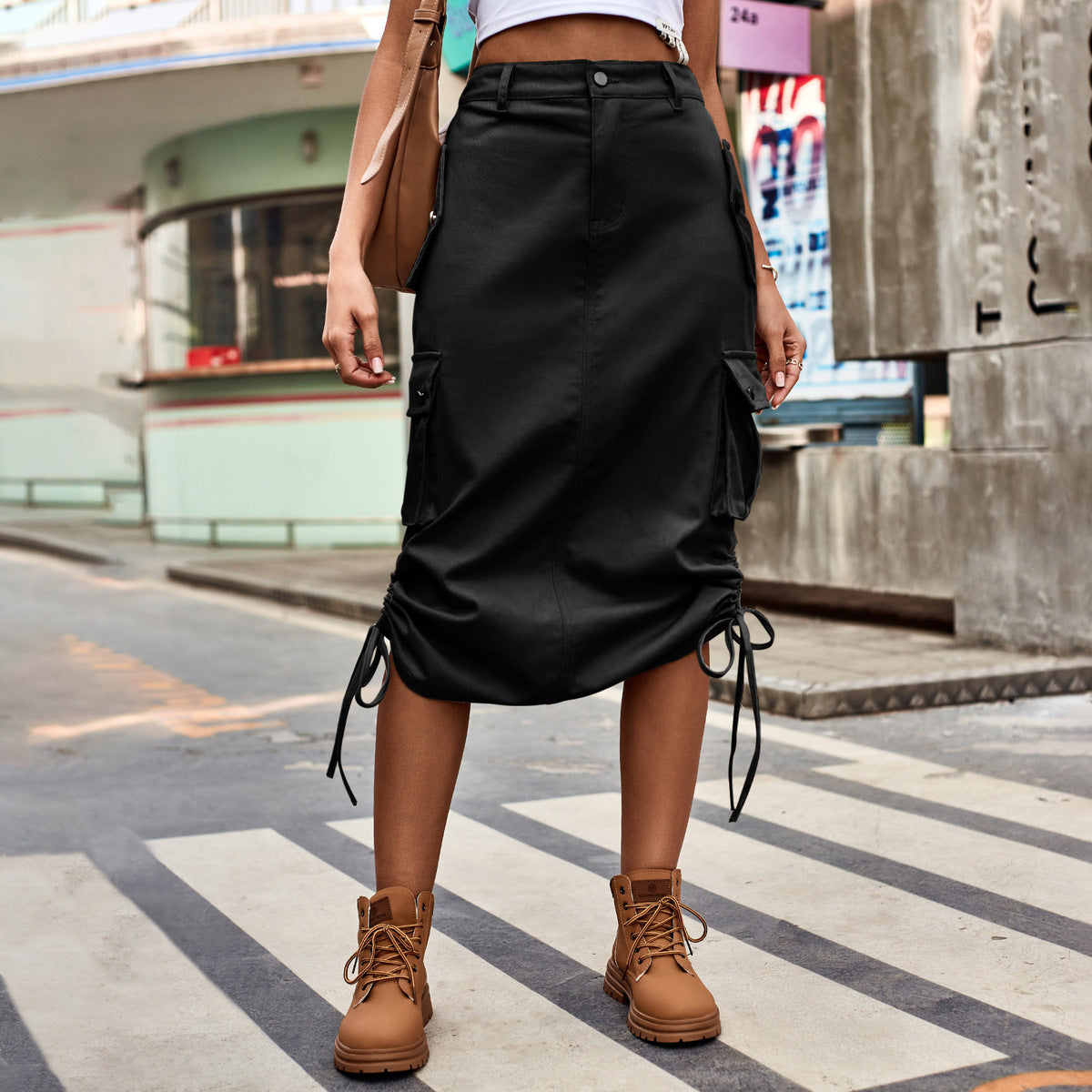 Women Fashion Casual Denim Lace-Up Pockets Mid-Length Skirt