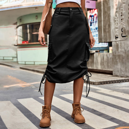 Women Fashion Casual Denim Lace-Up Pockets Mid-Length Skirt