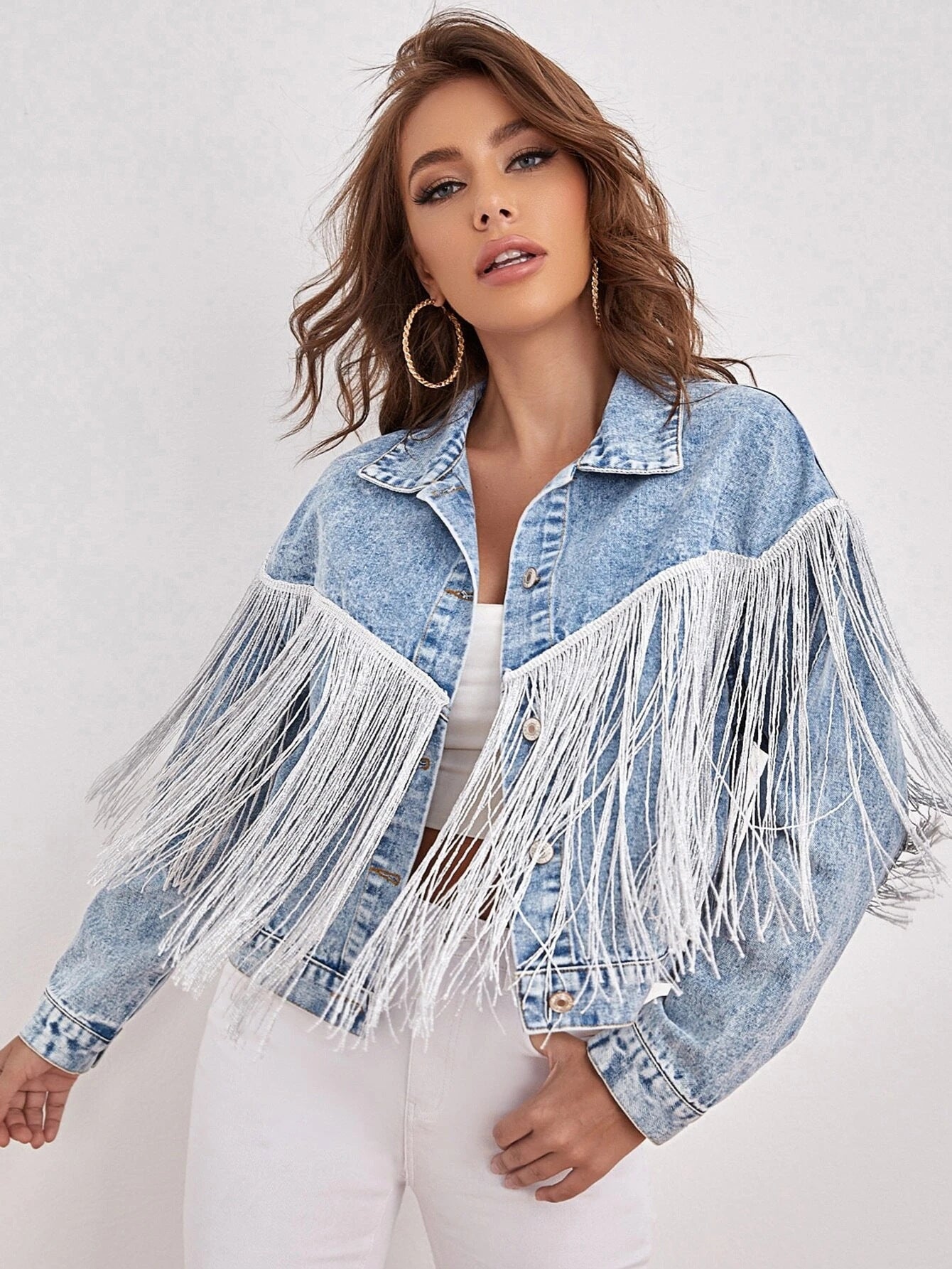 Chaqueta vaquera informal con borlas para mujer