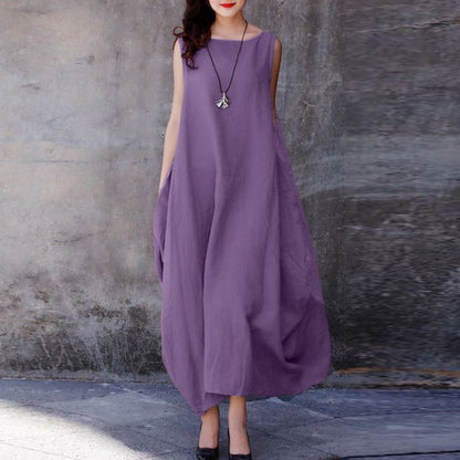 Women Plus Size Casual Loose Round Neck Sleeveless Side Large Ruched Pocket Dress