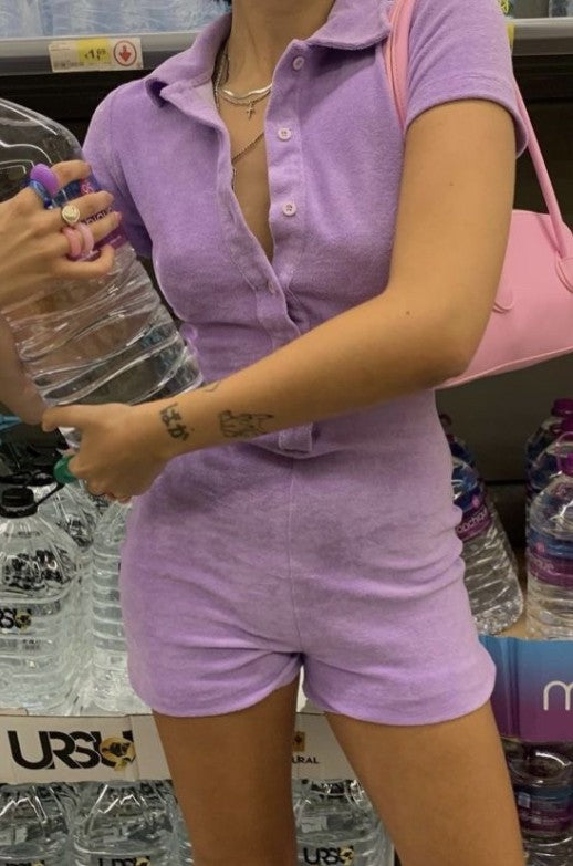 Women Fashion Casual Solid Color Lapel Singl- Breasted Short Sleeve Romper