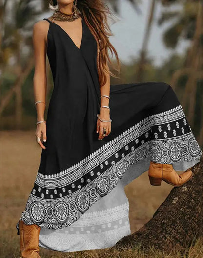 Women Fashion Casual Graphic Print V Neck Spaghetti Strap Maxi Dress