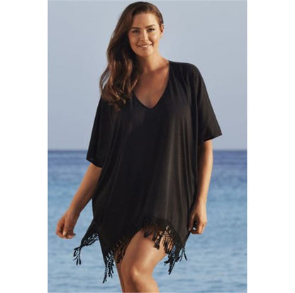 Women Fashion Casual Solid Color Tassel V Neck Short Sleeve Plus Size Dress