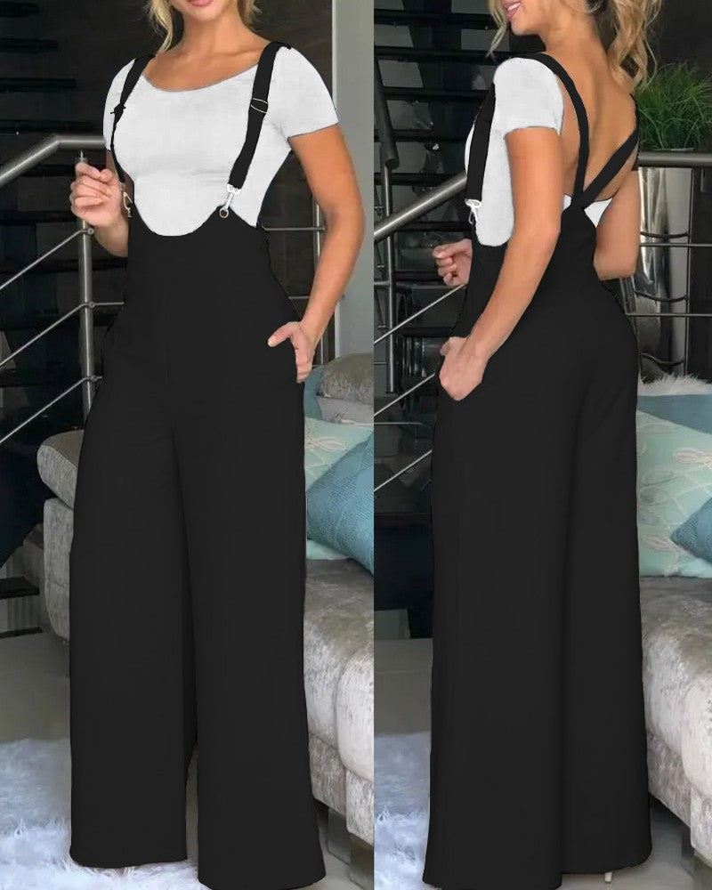 Women Fashion Casual Solid Color Loose Strap Pants