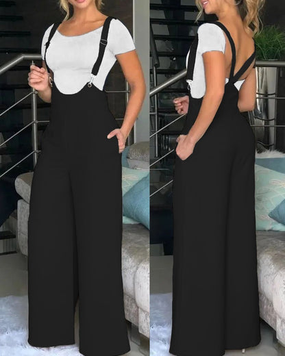 Women Fashion Casual Solid Color Loose Strap Pants