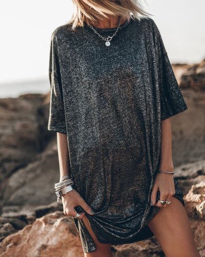 Camiseta informal holgada de manga corta con abertura para mujer