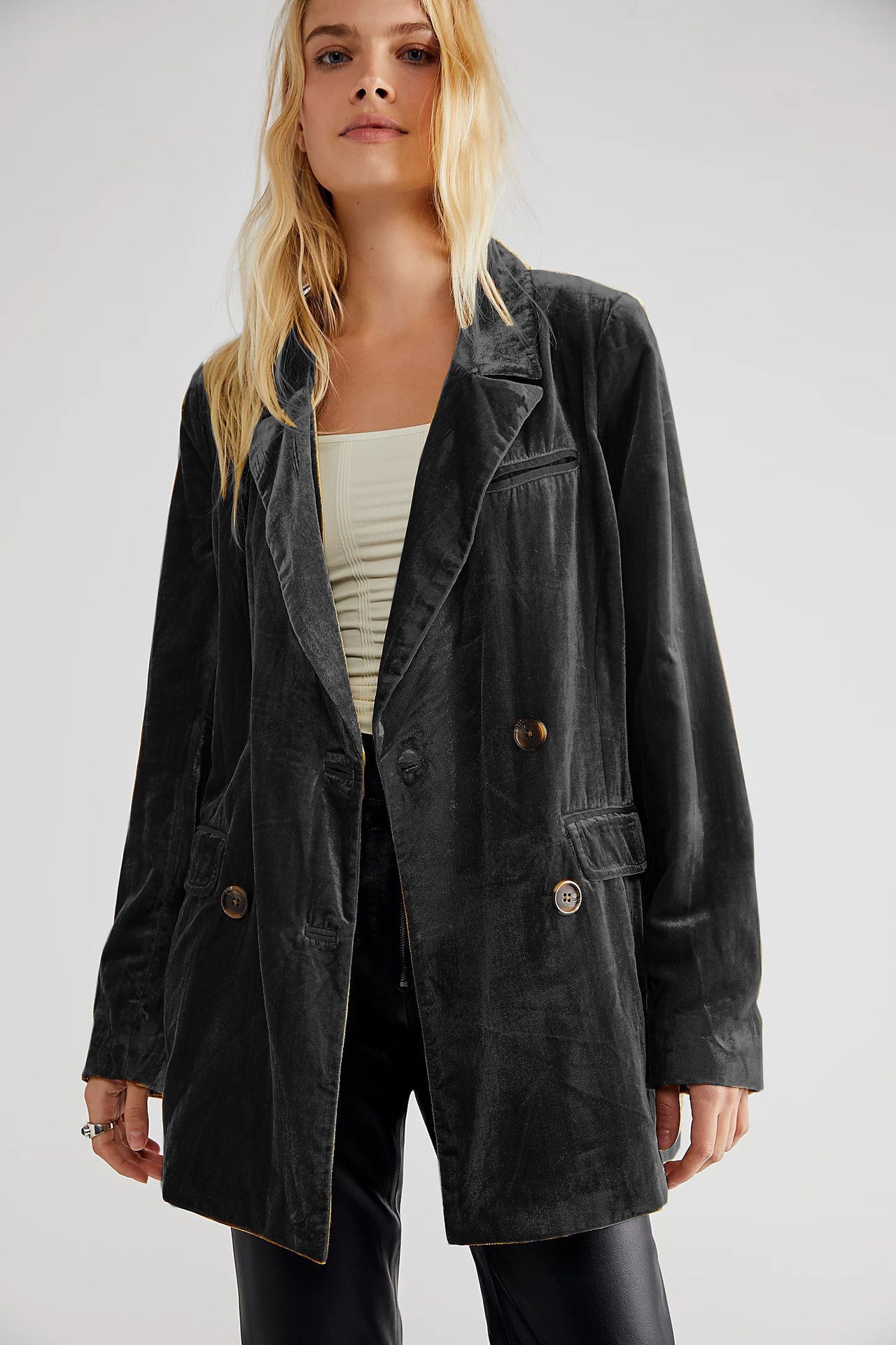 Chaqueta de traje de terciopelo dorado de color liso informal a la moda para mujer