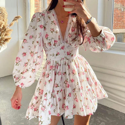 Women Casual Tiny Flower Print V-Neck Long Sleeve Dress