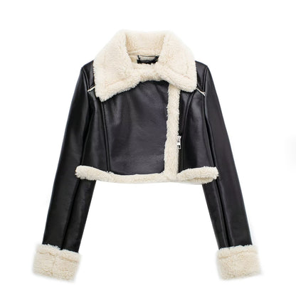 Chaqueta de felpa de PU informal de invierno para mujer
