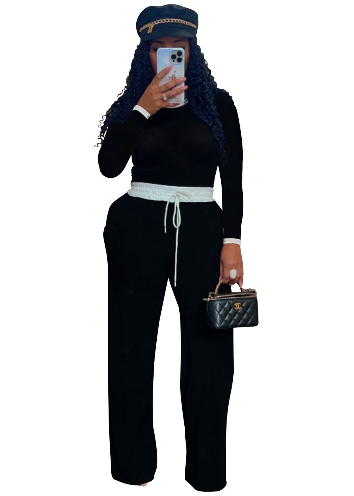 Conjunto de dos piezas informal de mujer para uso diario, con cuello redondo, manga larga y pantalón de punto acanalado en contraste de color