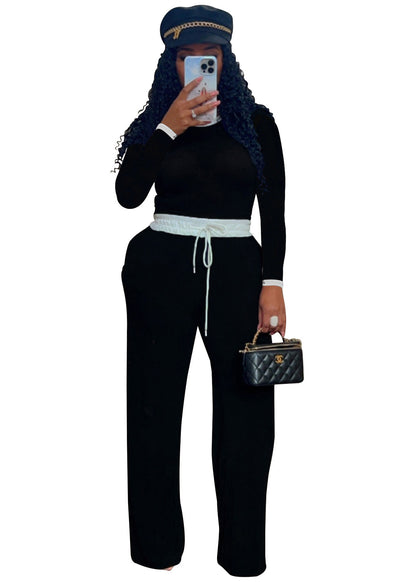 Conjunto de dos piezas informal de mujer para uso diario, con cuello redondo, manga larga y pantalón de punto acanalado en contraste de color