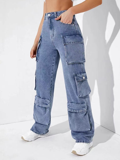 Pantalones vaqueros cargo casuales con múltiples bolsillos para mujer