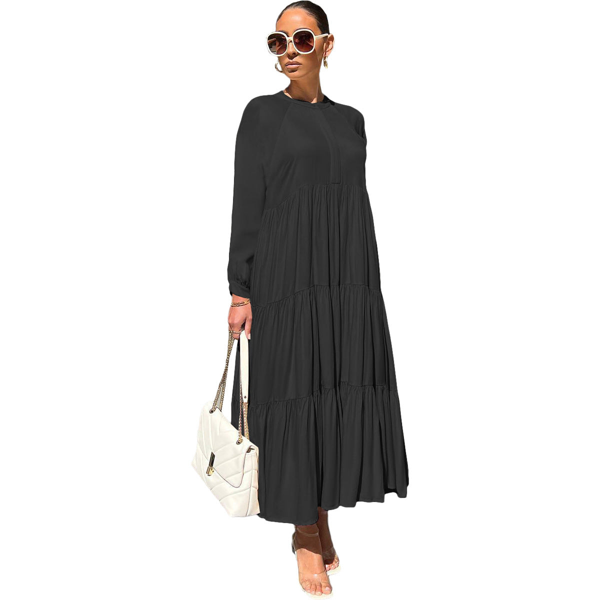 Women Fashion Casual Long-Sleeved Loose Ruffled Solid Color Maxi Dress