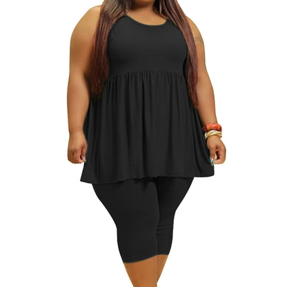 Conjunto de dos piezas con volantes de color liso sin mangas sexy informal de verano para mujer de talla grande