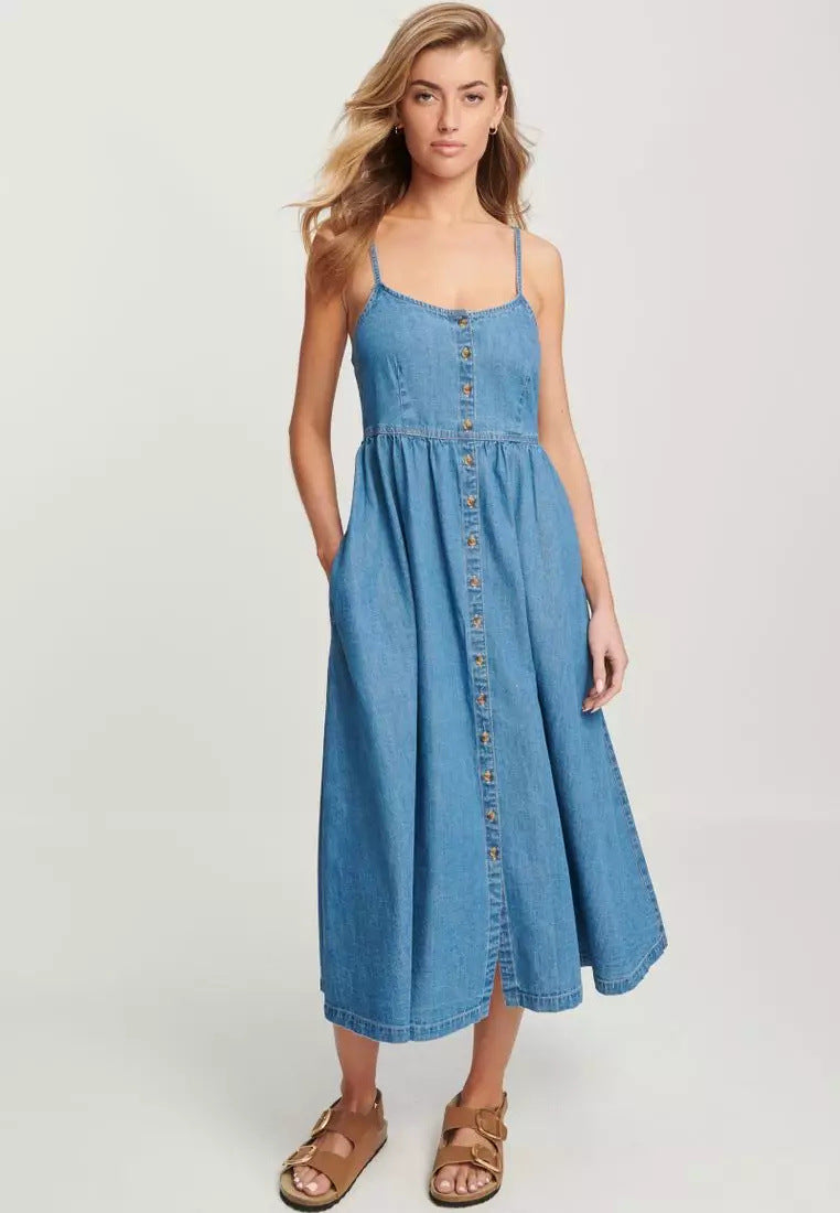 Vestido camisola vaquera informal de moda para mujer, holgado, sin espalda, con una sola botonadura