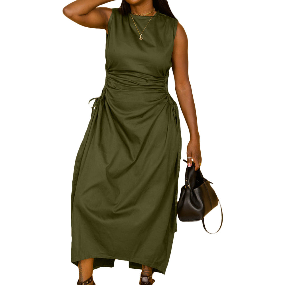 Vestido largo informal de nailon calado sin mangas de color liso para mujer, talla grande