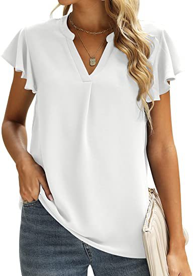 Blusa informal de gasa de color liso con cuello en V y mangas cortas con volantes para mujer