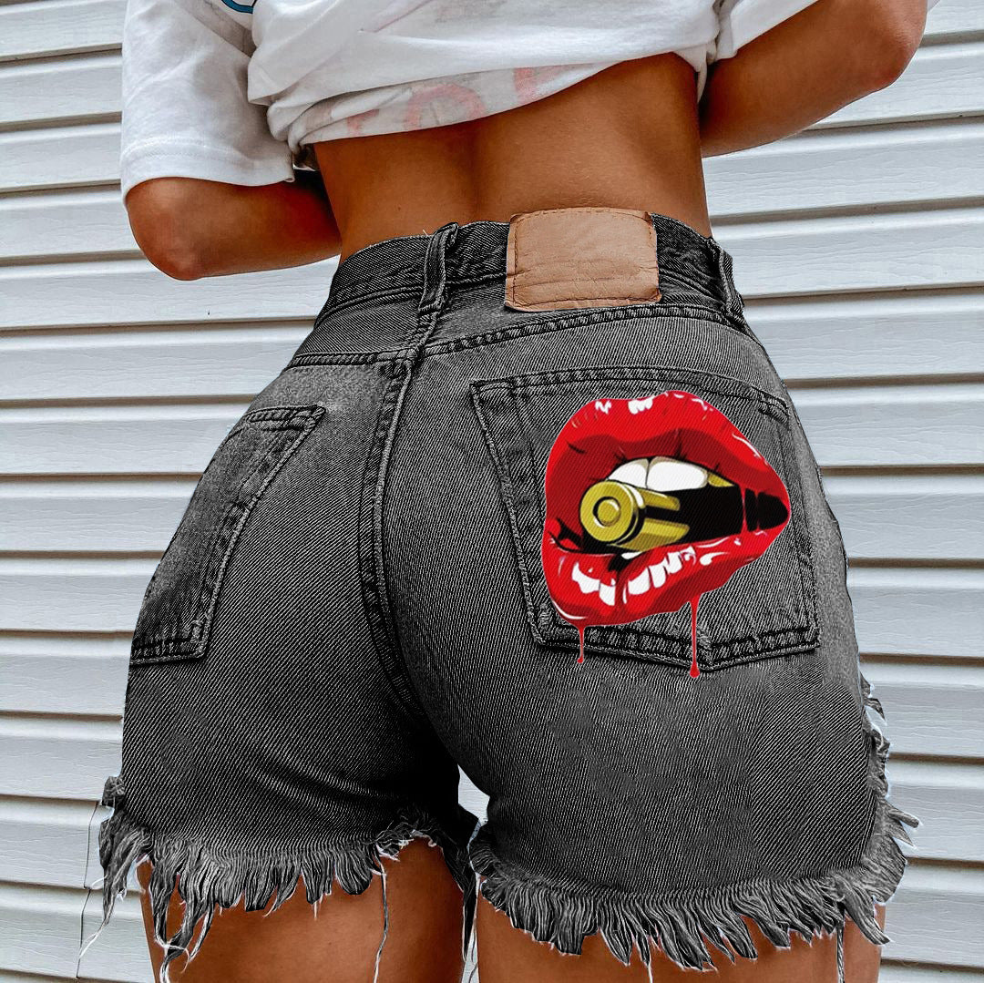 Women Summer Loose Edgy Vintage Casual High Waist Lip Printed Denim Shorts