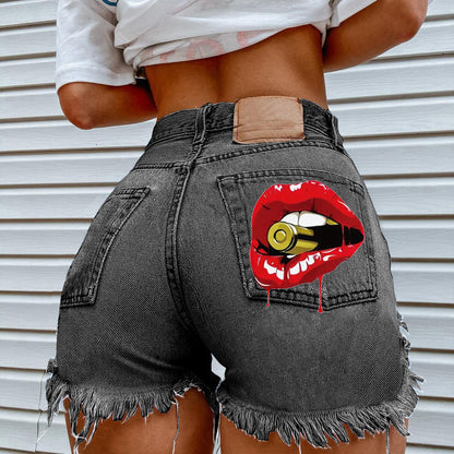 Women Summer Loose Edgy Vintage Casual High Waist Lip Printed Denim Shorts
