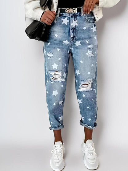 Vaqueros rectos casuales con estampado de estrellas rasgados para mujer