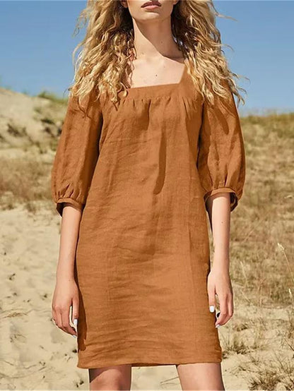 Women Fashion Casual Simple Square Collar Cotton Linen Puff Sleeve Slim Fit Dress
