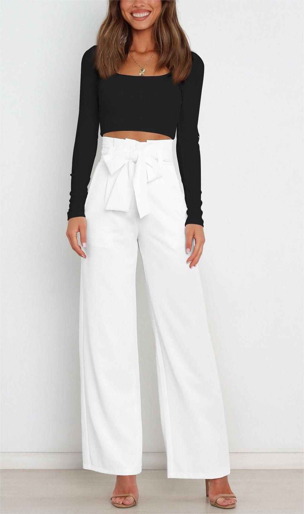 Pantalones casuales de cintura alta con lazo y cordones de color liso a la moda para mujer