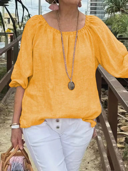 Women Casual Solid Color Round Neck Cotton Linen Plus Size Top