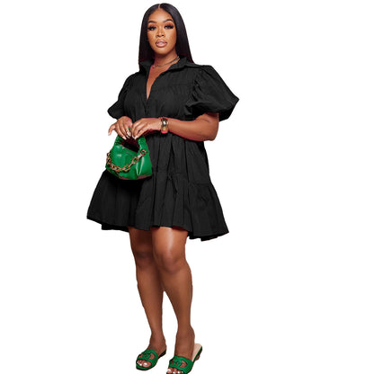Women Casual Solid Color Loose Lapel Puff Sleeve Dress