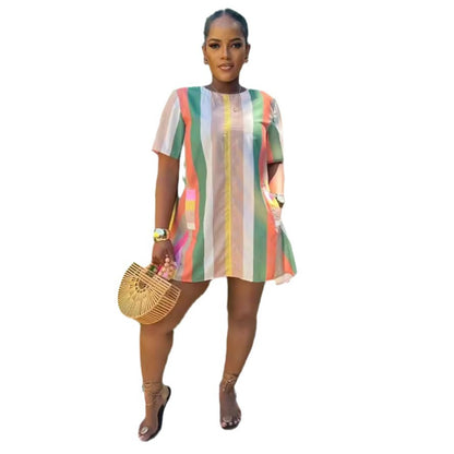 Vestido informal de manga corta con cuello redondo y estampado de rayas multicolor para mujer