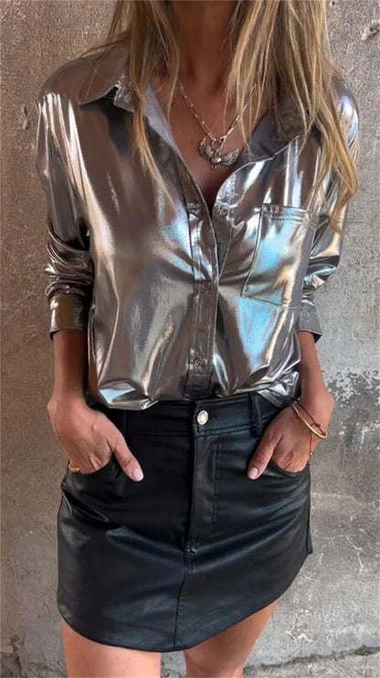 Women Casual Velvet Flashlight Lapel Cardigan Blouse