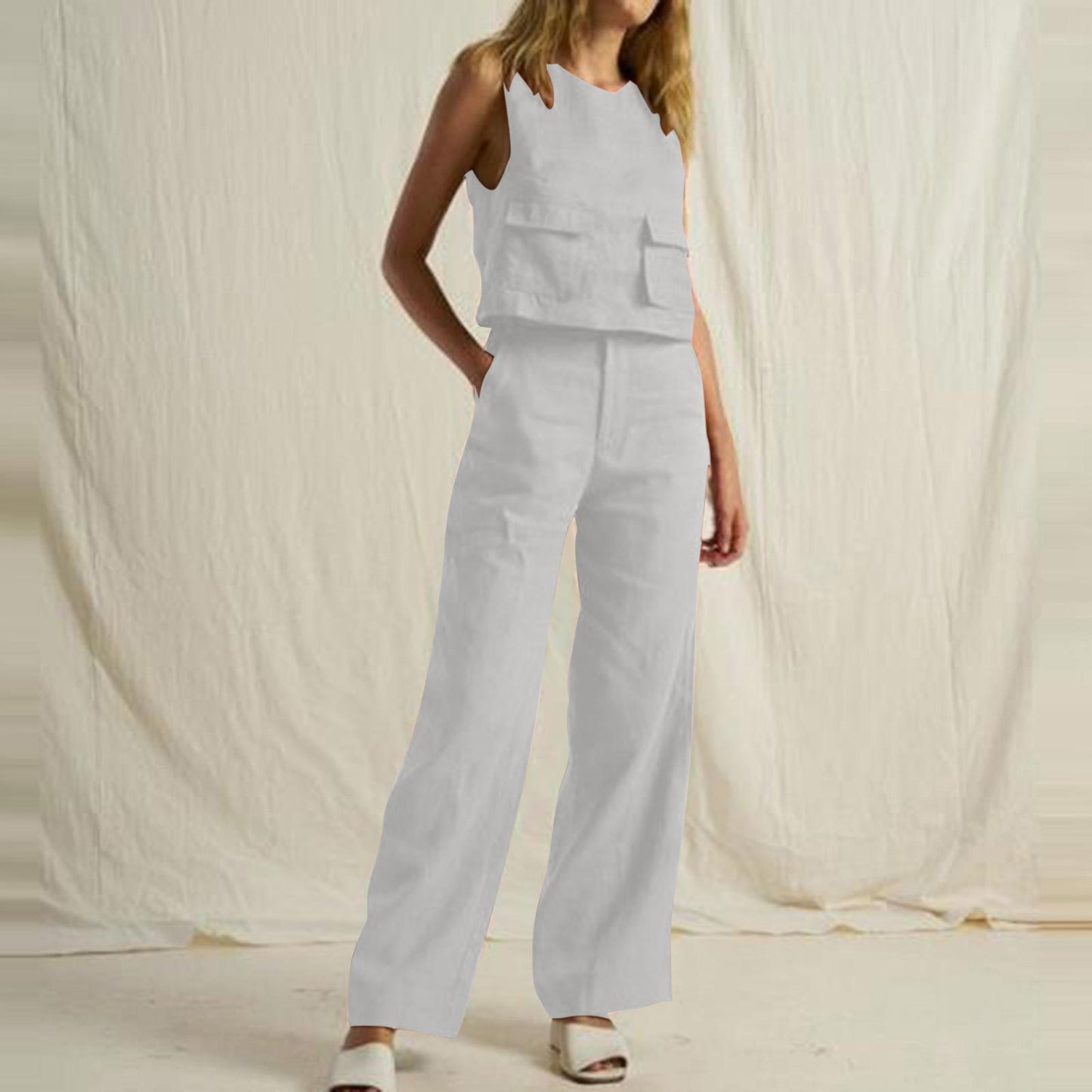 Conjunto de dos piezas informal de moda para mujer, sencillo, de color sólido, sin mangas, con bolsillos y pantalones
