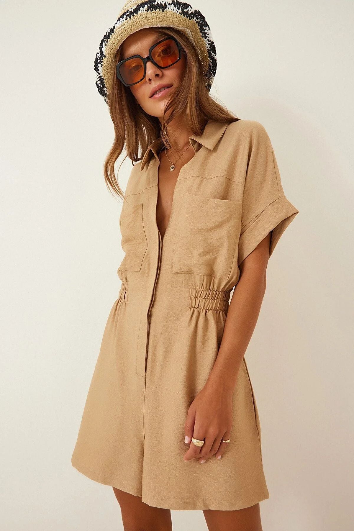 Overalls Casual Women Short-Sleeved Loose-Fit Cotton And Linen Casual Wide-Leg Rompers