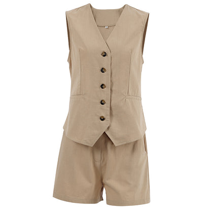 Conjunto de dos piezas formado por blazer, chaleco y pantalones cortos, informal, sin mangas, para mujer
