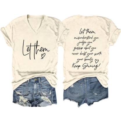Camiseta informal de verano para mujer con estampado de letras de doble cara y cuello en V de manga corta