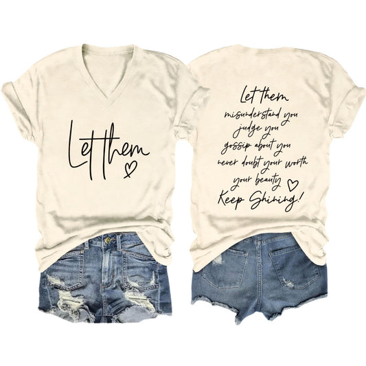 Camiseta informal de verano para mujer con estampado de letras de doble cara y cuello en V de manga corta