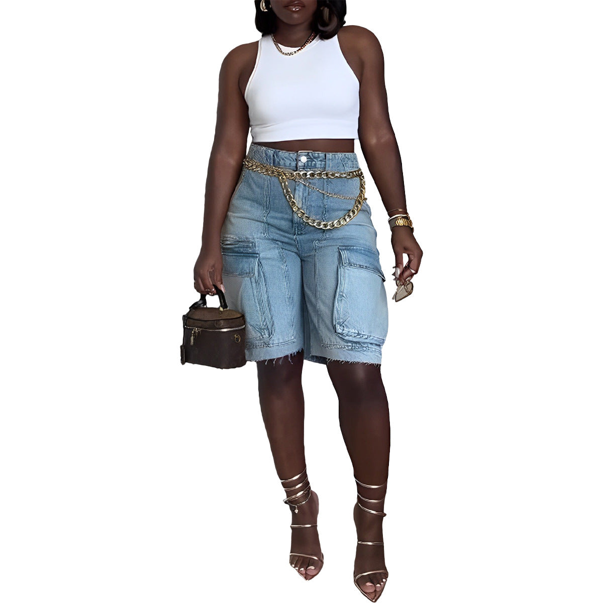 Women Fashion Casual Cargo Denim Shorts
