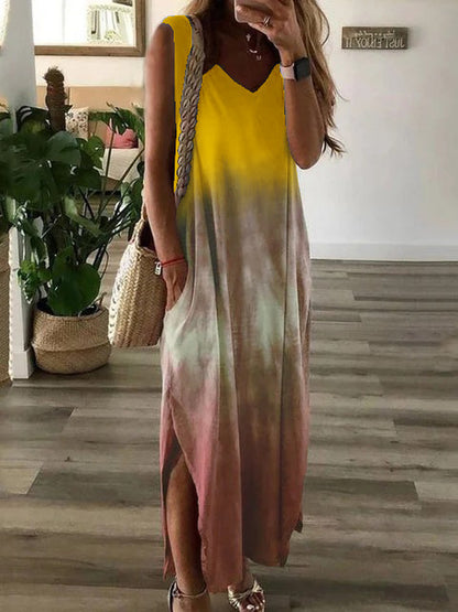 Summer Women V-Neck Gradient Color Tie-Dye Printing Non-Sleeve Casual Maxi Dress