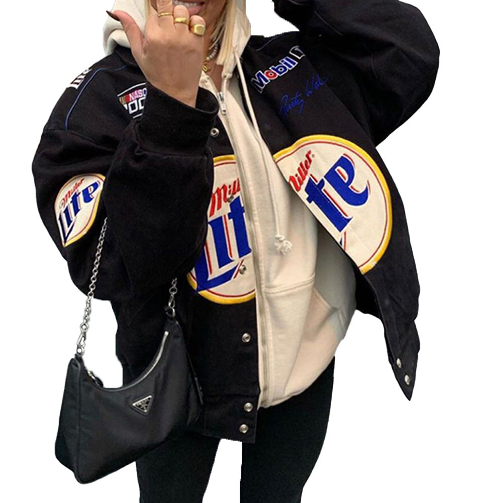 Chaqueta de béisbol de manga larga con estampado holgado e informal a la moda para mujer