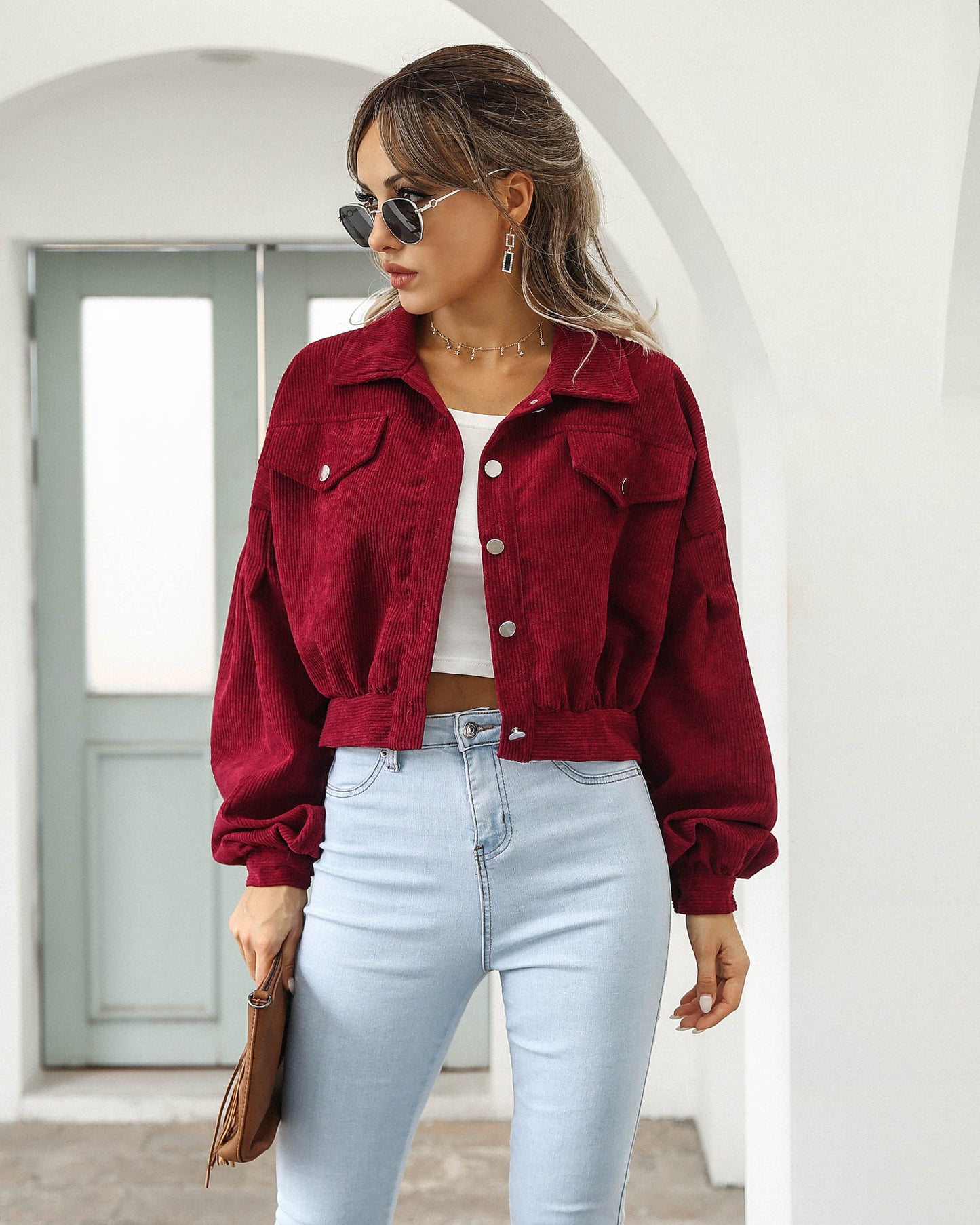 Women Fashion Casual Solid Color Corduroy Single-Breasted Sleeve Lantern Jacket