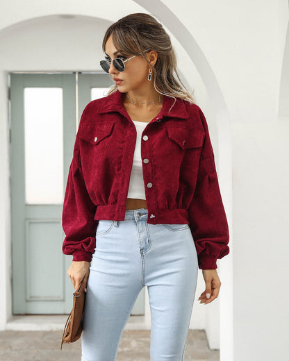 Women Fashion Casual Solid Color Corduroy Single-Breasted Sleeve Lantern Jacket