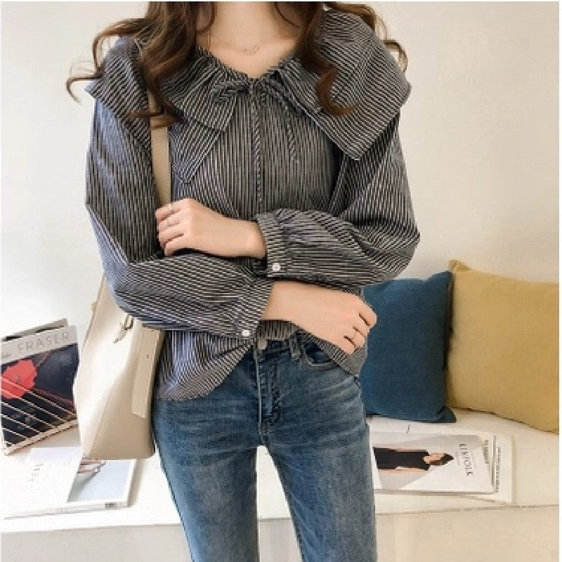 Camisa informal de manga corta con solapa y rayas para mujer, de moda, con un solo pecho