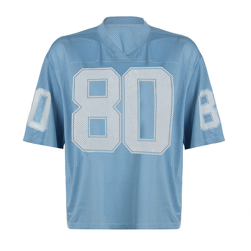 Camiseta de jersey de manga corta con cuello en V y estampado digital holgado informal para mujer