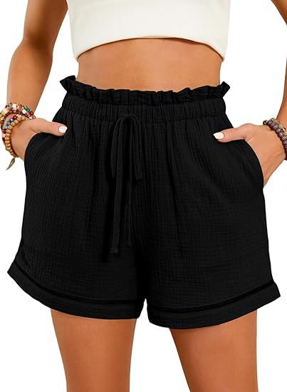 Women Fashion Casual Solid Color High Waist Lace-Up Wide-Leg Shorts