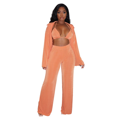 3pcs/Set Women Casual Solid Color Bikini Long Sleeve Top And Wide-Leg Pants