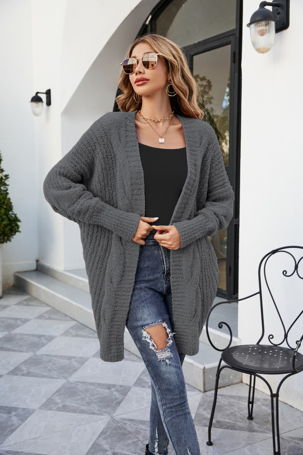 Cárdigan de punto de felpa de manga larga de color liso informal de invierno para mujer